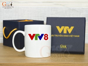 Cốc sứ quai tròn men trắng in logo VTV8, 350ml
