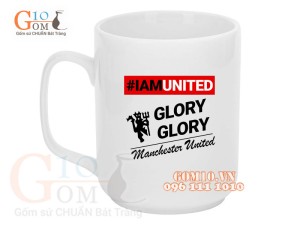 Cốc sứ quai vuông men trắng, in chữ I am United, 350ml