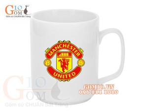 Cốc sứ quai vuông men trắng, in chữ Keep calm and love M.U, 350ml