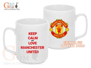 Cốc sứ quai vuông men trắng, in chữ Keep calm and love M.U, 350ml