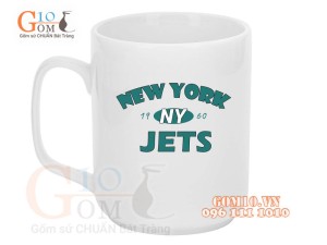 Cốc sứ quai vuông men trắng, in chữ NEWYORK, 350ml