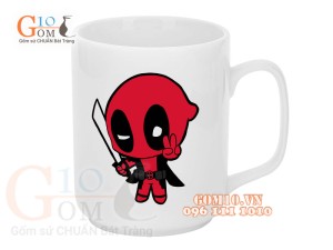 Cốc sứ quai vuông men trắng, in hình Deadpool, 350ml