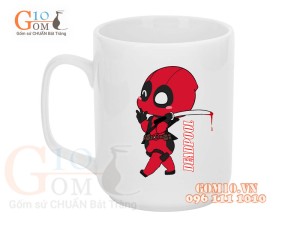 Cốc sứ quai vuông men trắng, in hình Deadpool, 350ml