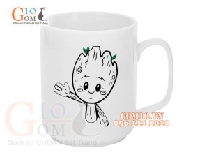 Cốc sứ quai vuông men trắng, in hình Groot, 350ml