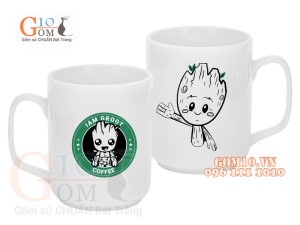 Cốc sứ quai vuông men trắng, in hình Groot, 350ml