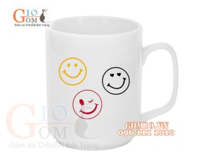 Cốc sứ quai vuông men trắng, in hình Mặt Cười Happy, 350ml