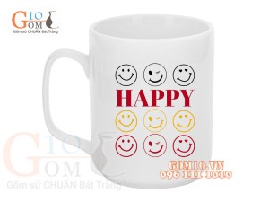Cốc sứ quai vuông men trắng, in hình Mặt Cười Happy, 350ml
