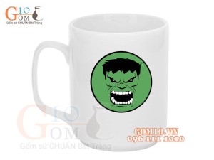 Cốc sứ quai vuông men trắng, in hình nhân vật Hulk, 350ml