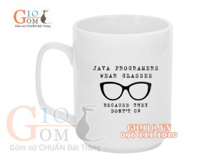 Cốc sứ quai vuông men trắng, in chữ JAVA PROGRAMERS, 350ml