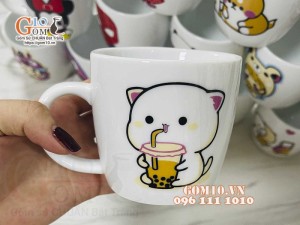 Cốc sứ thấp men trắng in hình ngộ nghĩnh