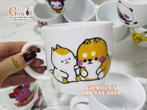Cốc sứ thấp men trắng in hình ngộ nghĩnh