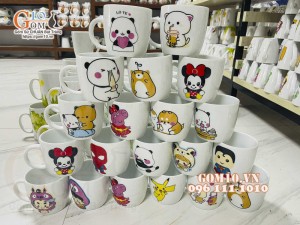 Cốc sứ thấp men trắng in hình ngộ nghĩnh