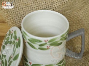 Cốc sứ vuốt tay xuất dư Châu Âu, dáng quai vuông men bóng vẽ lá, 500ml