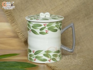 Cốc sứ vuốt tay xuất dư Châu Âu, dáng quai vuông men bóng vẽ lá, 500ml