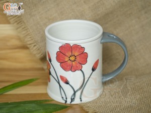 Cốc sứ vuốt tay xuất dư Châu Âu, quai nắm men bóng vẽ hoa đỏ, 450ml