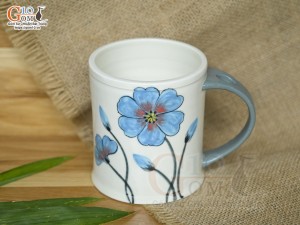 Cốc sứ vuốt tay xuất dư Châu Âu, quai nắm men bóng vẽ hoa xanh, 450ml