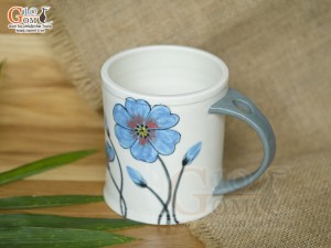 Cốc sứ vuốt tay xuất dư Châu Âu, quai nắm men bóng vẽ hoa xanh, 450ml