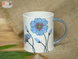 Cốc sứ vuốt tay xuất dư Châu Âu, quai nắm men bóng vẽ hoa xanh, 450ml