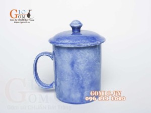 Cốc sứ quai tròn có nắp men đá, màu xanh 350ml