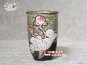 Cốc trà xanh lớn men hỏa biến gấm vàng khắc sen