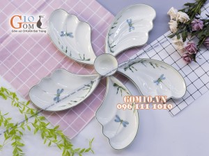 Bộ đĩa cánh tiên xếp hoa 5 cánh men kem vẽ Trúc Chuồn