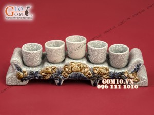 Bộ kỷ ngai 5 men rạn đắp nổi Sen cao cấp