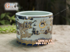 Bát hương men lam cổ họa tiết Rồng vẽ Vàng 24k, đường kính 30cm
