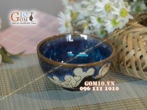 Bát cơm men hỏa biến xanh đá khắc sen