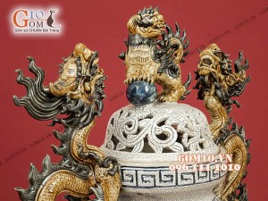 Bộ đỉnh hạc men rạn đắp nổi chân đồng cao cấp, Hạc cao 65cm, Đỉnh cao 60cm