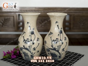 Đôi lọ men rạn bụng to, họa tiết sen 35cm