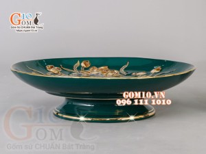 Mâm bồng Xanh lục bảo đắp nổi Sen - vẽ vàng 24k, đường kính 25cm