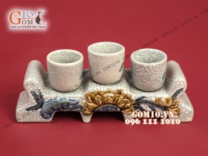 Bộ kỷ ngai 3 men rạn đắp nổi Sen cao cấp