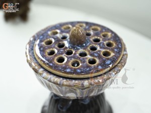 Đài sen men hoàng thổ, cao 16cm