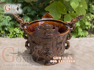 Lư hương men cổ khắc rồng phượng, đường kính 25m