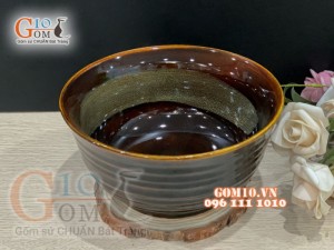 Bát tô sâu miệng loe men hỏa biến gấm quẹt màu mật ong, đường kính 19cm