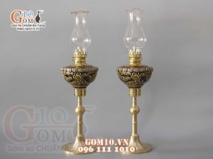 Đôi đèn dầu chân đồng khắc rồng nổi Cao 25cm ( Chưa bóng )