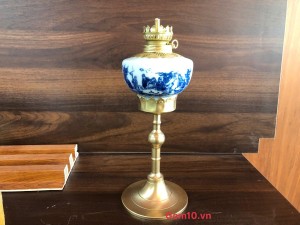 Đèn dầu chân đồng men lam cảnh trúc lâm thất hiền