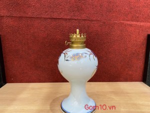 Đèn dầu dáng tròn men lam cổ Sen Cát Tường, vẽ vàng 24k, cao 16cm