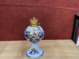 Đèn dầu dáng tròn men lam cổ Sen Cát Tường, vẽ vàng 24k, cao 16cm