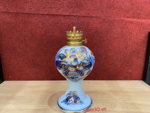 Đèn dầu dáng tròn men lam cổ Sen Cát Tường, vẽ vàng 24k, cao 16cm
