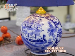 Đèn sứ Phong Thủy men màu Nhị cảnh Thuận Buồm Xuôi Gió và Chim Hoa, cao 50cm