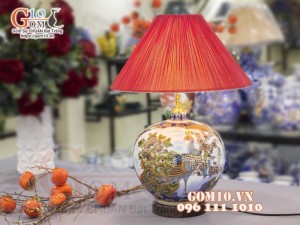 Đèn sứ Phong Thủy men màu vẽ vàng 24k, Nhị cảnh Thuận Buồm Xuôi Gió và Công Đào, cao 60cm