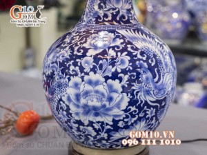 Đèn sứ Phong Thủy men màu vẽ Long Phụng Phú Quý, cao 75cm