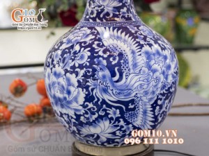 Đèn sứ Phong Thủy men màu vẽ Long Phụng Phú Quý, cao 75cm