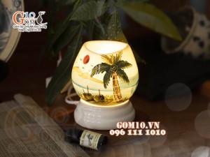 Đèn xông tinh dầu dáng quả lựu miệng tam giác vẽ cây dừa, cao 13cm