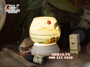 Đèn xông tinh dầu dáng quả lựu miệng tam giác vẽ cây dừa, cao 13cm