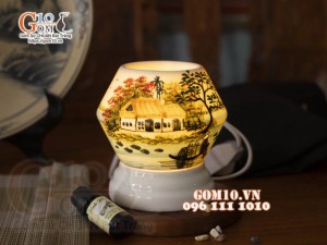 Đèn xông tinh dầu dáng quả lựu miệng tròn họa tiết làng quê, cao 13cm