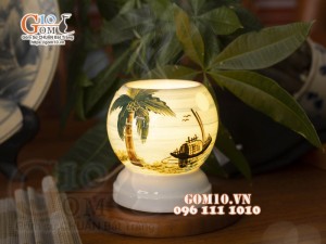 Đèn xông tinh dầu mini họa tiết bến đò, cao 11cm