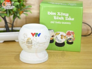 Đèn xông tinh dầu mini men trắng họa tiết Tháp Rùa vàng kim, in logo VTV