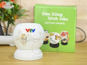 Đèn xông tinh dầu mini men trắng họa tiết Tháp Rùa vàng kim, in logo VTV